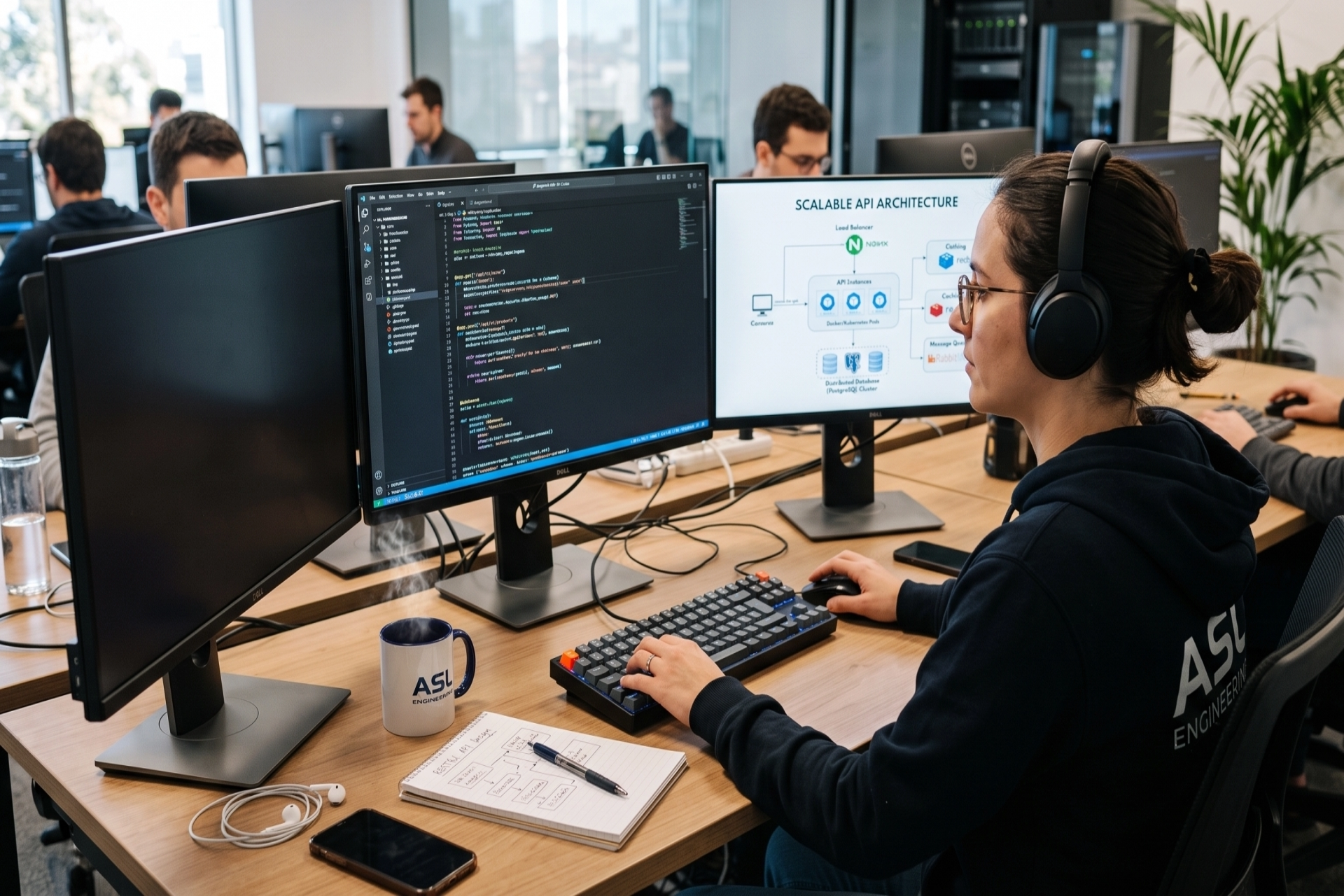 funcionária do grupo ASL trabalhando no escritorio juntamente com seus companheiro de trabalho utilizando três monitores.