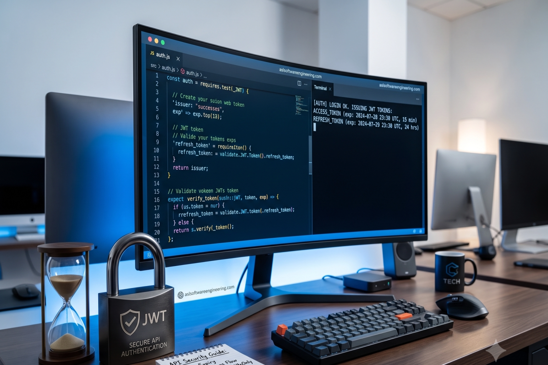 Monitor ultrawide exibindo código JavaScript de autenticação JWT, acompanhado de um cadeado físico e uma ampulheta sobre a mesa