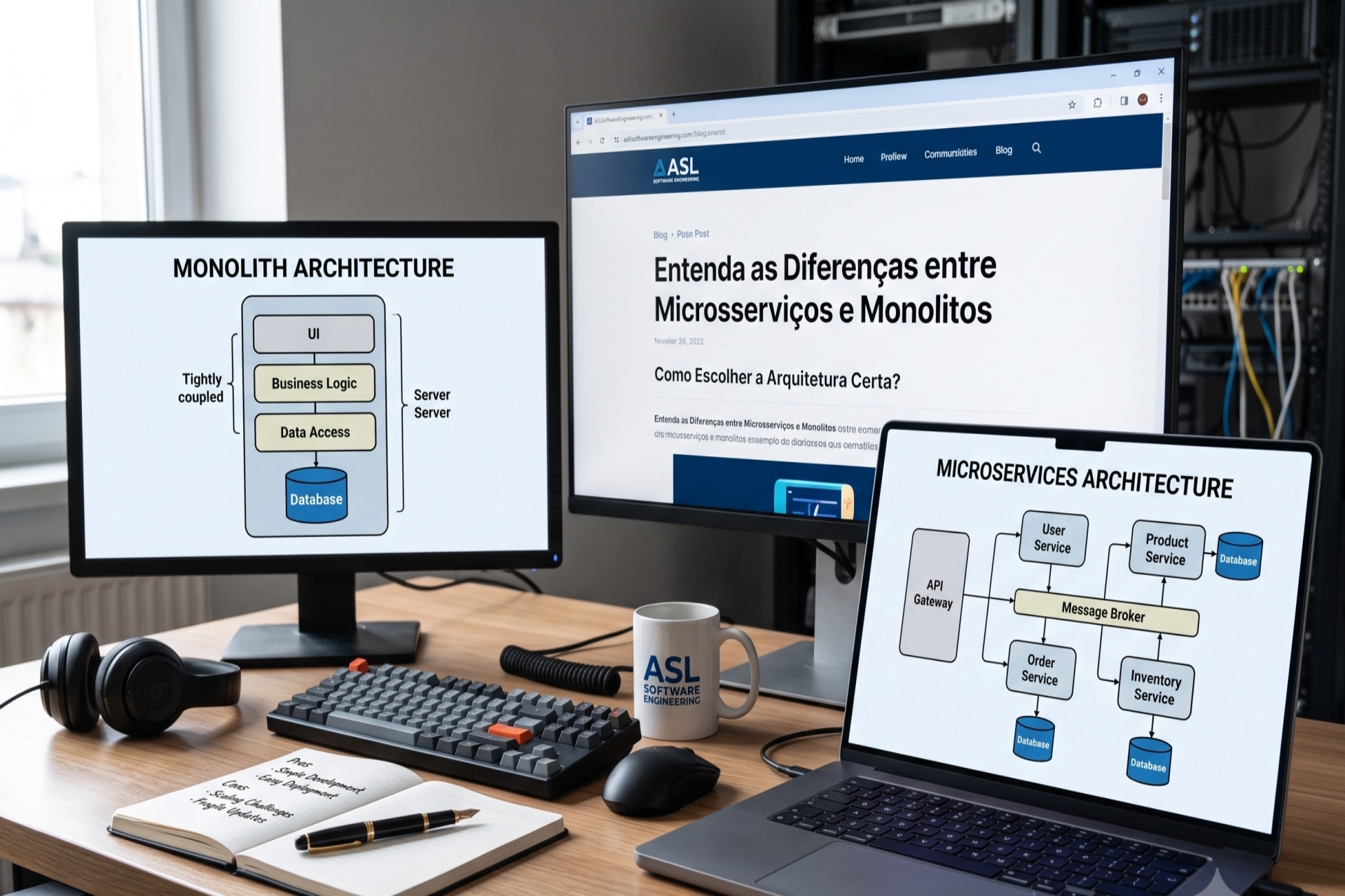 Fotografia de um ambiente de trabalho de engenharia de software com três telas sobre uma mesa de madeira. O monitor à esquerda exibe um diagrama de 'Arquitetura Monolítica' (Monolith Architecture), ilustrando componentes fortemente acoplados em um único servidor. O monitor central, maior, mostra uma página web com o artigo intitulado 'Entenda as Diferenças entre Microsserviços e Monolitos'. À direita, a tela de um notebook apresenta um diagrama de 'Arquitetura de Microsserviços' (Microservices Architecture), mostrando serviços independentes conectados por um API Gateway e um Message Broker. Sobre a mesa também há um teclado mecânico, um mouse, fones de ouvido, uma caneca branca escrita 'ASL Software Engineering', e um caderno aberto com anotações manuscritas ao lado de uma caneta. Ao fundo, nota-se um rack de servidores desfocado