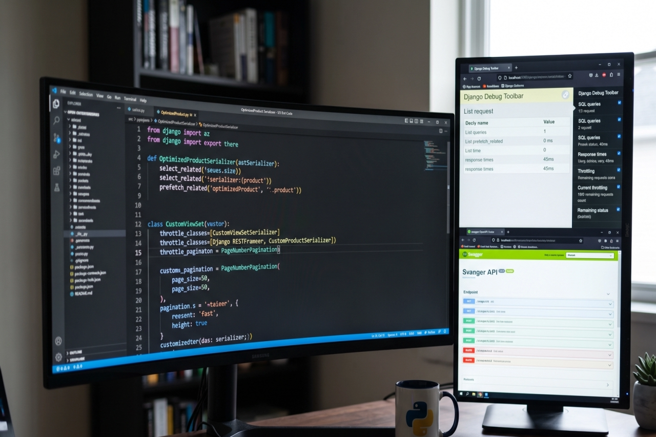 Foto de uma mesa de escritório com dois monitores e uma caneca do Python. O monitor widescreen esquerdo exibe o VS Code com código Python Django para serializers e views. O monitor vertical direito está dividido, mostrando o Django Debug Toolbar acima e a documentação Swagger para a 'Swanger API' abaixo.