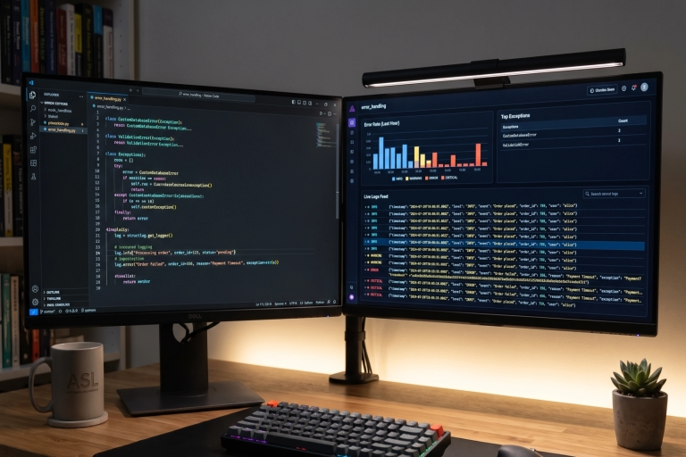 Foto de uma mesa de escritório com dois monitores Dell. O monitor esquerdo mostra o VS Code com código Python para tratamento de erros (error_handling.py). O monitor direito exibe um painel de monitoramento de erros com gráficos, principais exceções e feeds de logs em tempo real. Um teclado mecânico e uma caneca ASL Engineering estão na mesa.