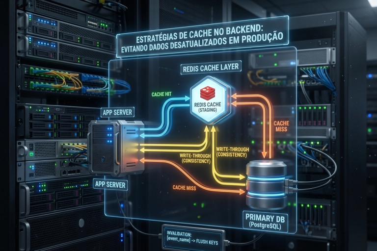 Um diagrama holográfico futurista projetado sobre racks de datacenter. O título é 'ESTRATÉGIAS DE CACHE NO BACKEND: EVITANDO DADOS DESATUALIZADOS EM PRODUÇÃO'. Mostra o fluxo de dados entre um Servidor de Aplicativo, uma Camada de Cache Redis e um Banco de Dados Primário (PostgreSQL), com rotas coloridas para Cache Hit, Cache Miss e Write-Through (Consistência).