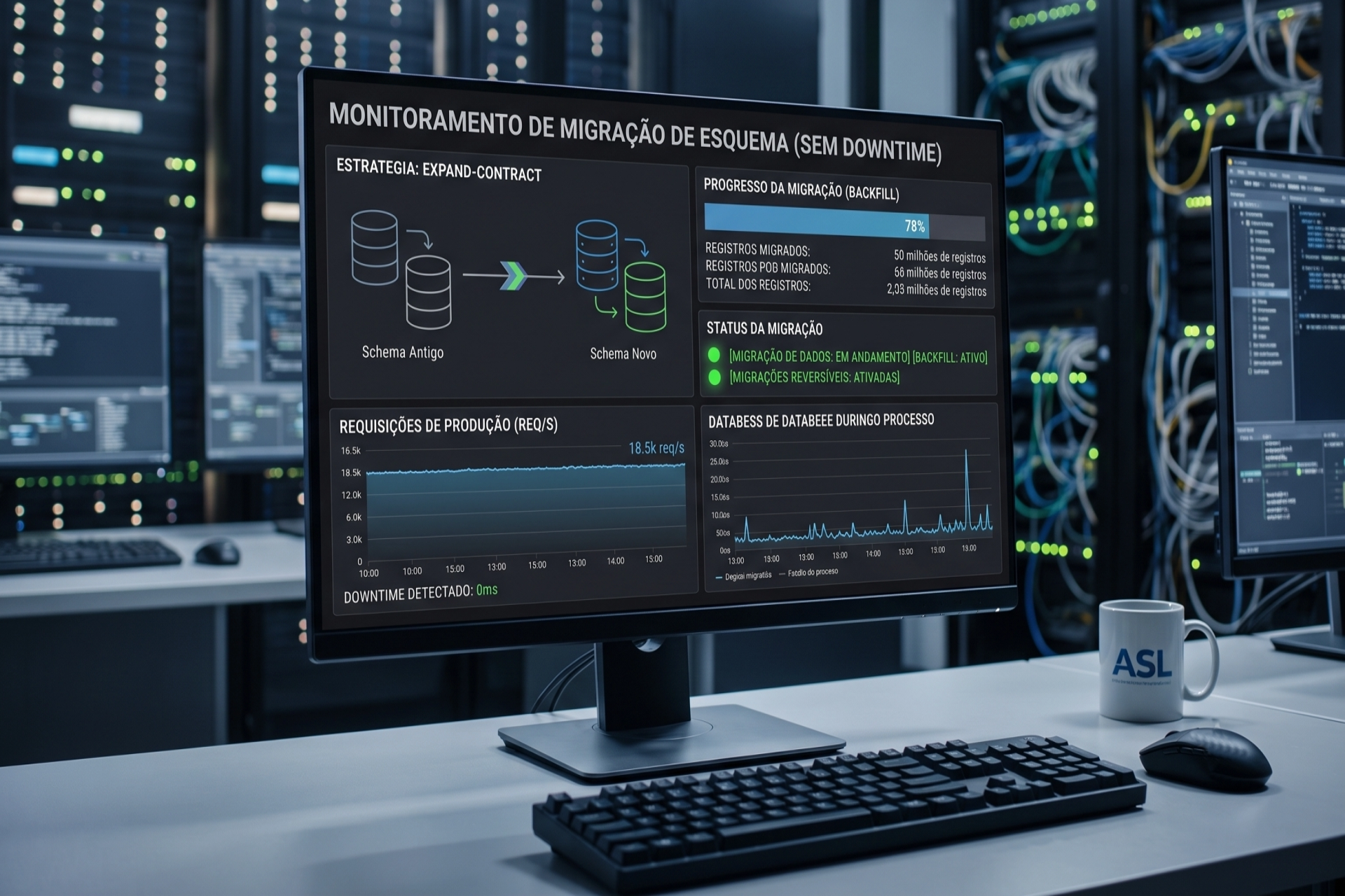 Monitor de computador exibindo um dashboard de monitoramento de migração de schema sem downtime usando a estratégia Expand-Contract, em ambiente de data center.