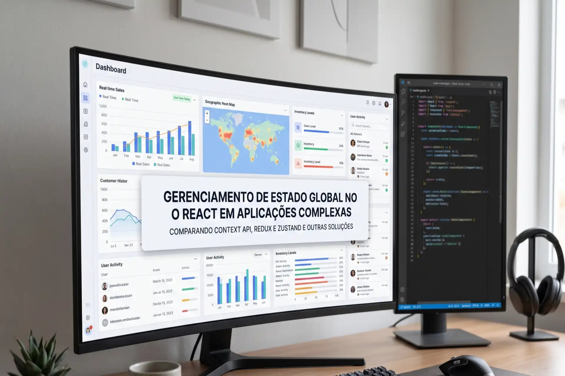 Estação de trabalho com monitor ultrawide exibindo um dashboard de métricas em React e um monitor vertical com código-fonte de gerenciamento de estado.