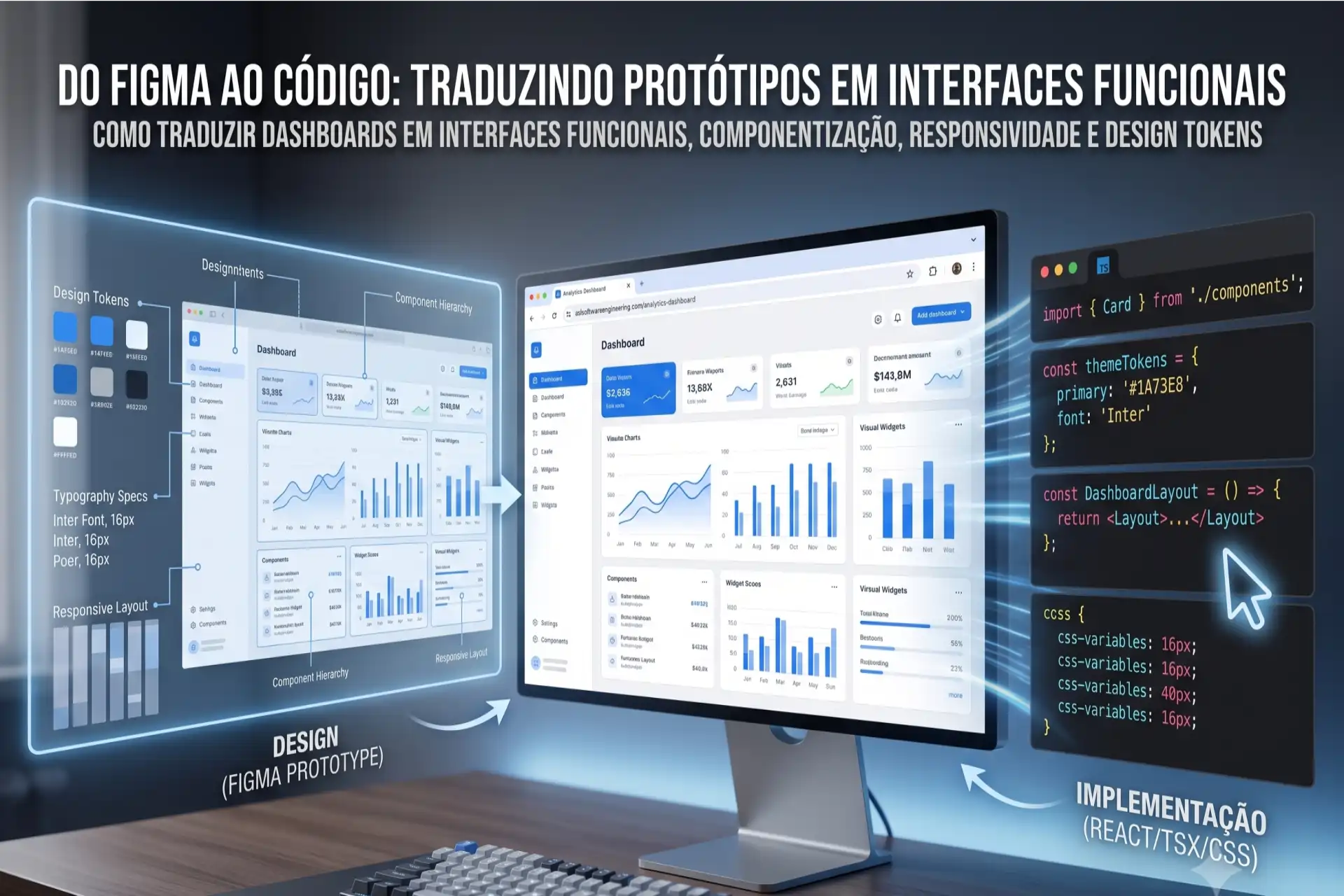 Fotografia de uma mesa de escritório com um monitor central e duas projeções holográficas laterais. No topo, o texto 'DO FIGMA AO CÓDIGO: TRADUZINDO PROTÓTIPOS EM INTERFACES FUNCIONAIS'. À esquerda, uma holografia rotulada 'DESIGN (FIGMA PROTOTYPE)' mostra um protótipo de dashboard no Figma com especificações de Design Tokens, Tipografia e Componentes. No centro, o monitor exibe a interface web funcional do mesmo dashboard rodando no navegador Chrome. À direita, uma holografia rotulada 'IMPLEMENTAÇÃO (REACT/TSX/CSS)' exibe trechos de código React e CSS correspondentes à construção da interface. Um teclado mecânico está em primeiro plano na mesa de madeira.
