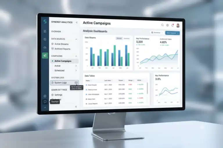 Um monitor de computador moderno e prateado exibindo um dashboard de análise de negócios chamado 'Synergy Analytics'. A tela mostra gráficos de barras e linhas para 'Active Campaigns' (Campanhas Ativas), tabelas de dados e um menu lateral de navegação com seções para 'Overview' (Visão Geral), 'Data Sources' (Fontes de Dados), 'Campaigns' (Campanhas) e 'System Logs' (Logs do Sistema). Um tooltip flutuante indica interatividade sobre o menu. O monitor está sobre uma mesa de escritório com um fundo desfocado.