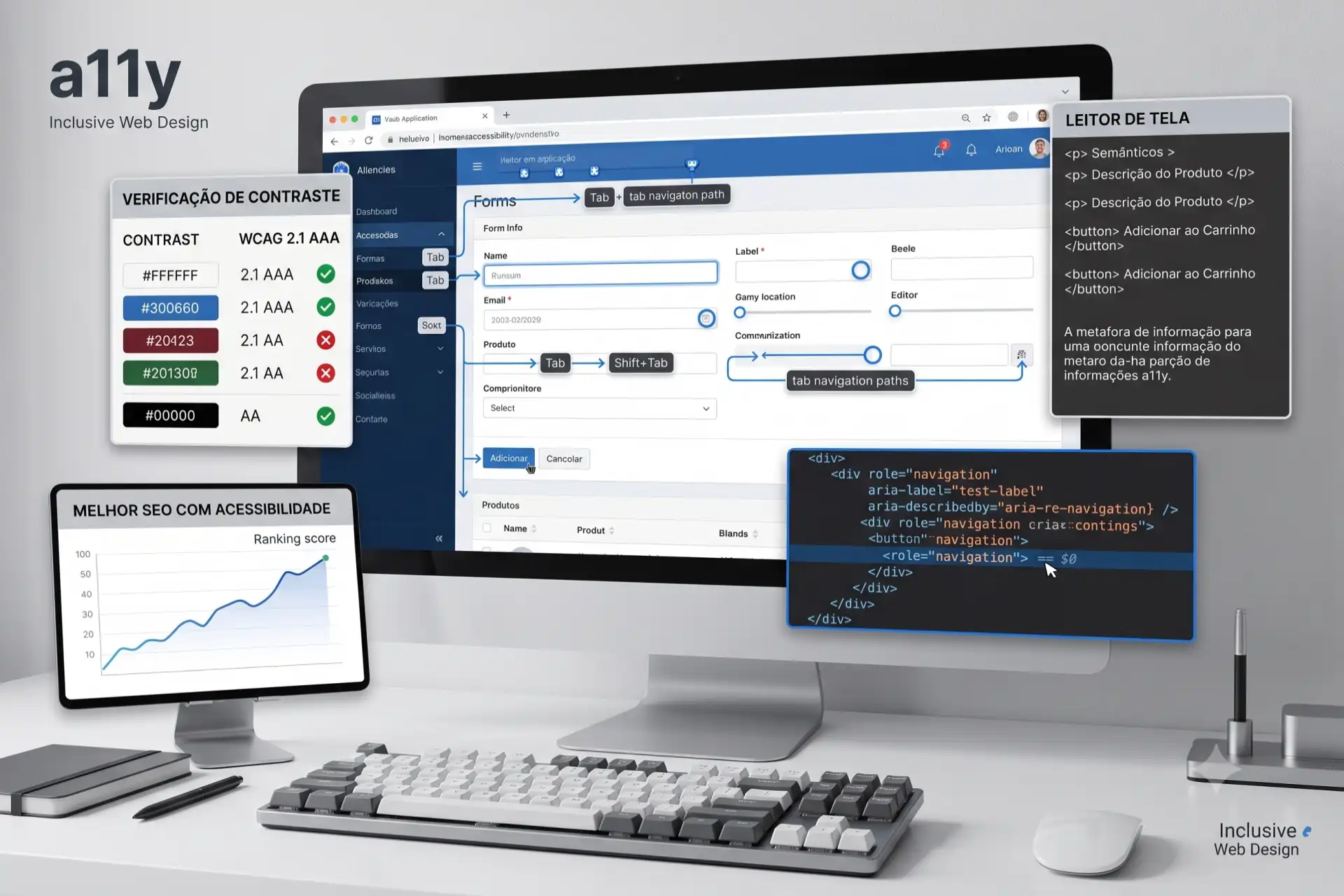 Uma estação de trabalho focada em acessibilidade web (A11y). O monitor central exibe um formulário web complexo com caminhos de navegação por teclado ('Tab') visualmente destacados. Ao redor do monitor flutuam painéis de ferramentas: um verificador de contraste de cores WCAG 2.1 AAA/AA, um tablet mostrando um gráfico de melhoria de SEO com acessibilidade, e uma janela de código HTML semântico exibindo papéis ARIA (role navigation). No canto superior esquerdo, o logo 'a11y Inclusive Web Design'. Um teclado mecânico está em primeiro plano sobre a mesa branca.