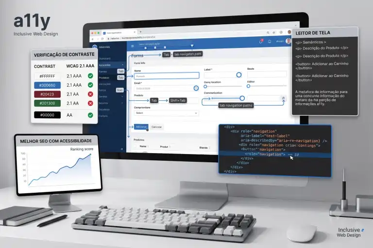 Uma estação de trabalho focada em acessibilidade web (A11y). O monitor central exibe um formulário web complexo com caminhos de navegação por teclado ('Tab') visualmente destacados. Ao redor do monitor flutuam painéis de ferramentas: um verificador de contraste de cores WCAG 2.1 AAA/AA, um tablet mostrando um gráfico de melhoria de SEO com acessibilidade, e uma janela de código HTML semântico exibindo papéis ARIA (role navigation). No canto superior esquerdo, o logo 'a11y Inclusive Web Design'. Um teclado mecânico está em primeiro plano sobre a mesa branca.