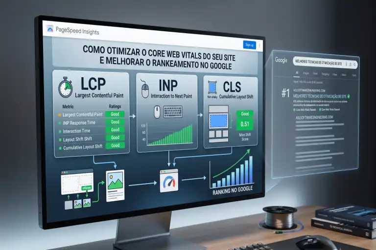 Um monitor de computador exibindo um painel de análise do Google PageSpeed Insights em modo escuro. O título na tela diz: 'COMO OTIMIZAR O CORE WEB VITALS DO SEU SITE E MELHORAR O RANQUEAMENTO NO GOOGLE'. A tela detalha métricas para LCP (Largest Contentful Paint), INP (Interaction to Next Paint) e CLS (Cumulative Layout Shift), todas com classificações 'Good' (Boas) e gráficos de otimização. À direita, uma projeção holográfica flutuante mostra um resultado de pesquisa do Google classificado em primeiro lugar. O monitor está sobre uma mesa de madeira ao lado de livros técnicos e ferramentas de medição.