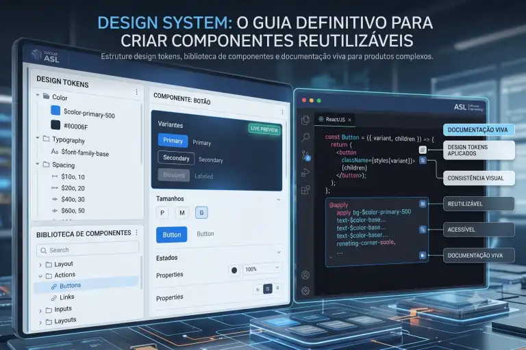 Visão de dois monitores em um ambiente de desenvolvimento moderno. O monitor da esquerda exibe uma plataforma de Design System com seções para Design Tokens (Cores, Tipografia, Espaçamento) e uma Biblioteca de Componentes com detalhes de um componente Botão. O monitor da direita mostra um editor de código (VS Code) com a implementação React/JS correspondente para o botão, usando os tokens definidos e com etiquetas flutuantes como 'Documentação Viva', 'Reutilizável' e 'Acessível'. No topo, o texto 'DESIGN SYSTEM: O GUIA DEFINITIVO PARA CRIAR COMPONENTES REUTILIZÁVEIS'.