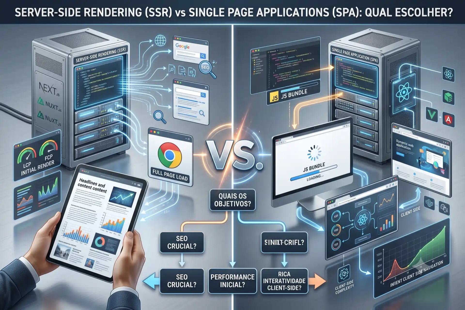 Um diagrama comparativo detalhado entre arquiteturas web. O lado esquerdo ilustra Server-Side Rendering (SSR) com racks de servidores (Next.js/Nuxt.js) enviando páginas pré-renderizadas e otimizadas para SEO para um tablet. O lado direito ilustra Single Page Applications (SPA) com pacotes JS (JS Bundle) sendo enviados para um monitor, mostrando maior carregamento e complexidade client-side. No centro, a pergunta 'QUAIS OS OBJETIVOS?' guia para questões sobre 'SEO CRUCIAL?', 'PERFORMANCE INICIAL?' e 'RICA INTERATIVIDADE CLIENT-SIDE?'. Um diagram de fluxo central mostra 'VS.'.