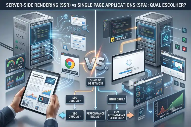 Um diagrama comparativo detalhado entre arquiteturas web. O lado esquerdo ilustra Server-Side Rendering (SSR) com racks de servidores (Next.js/Nuxt.js) enviando páginas pré-renderizadas e otimizadas para SEO para um tablet. O lado direito ilustra Single Page Applications (SPA) com pacotes JS (JS Bundle) sendo enviados para um monitor, mostrando maior carregamento e complexidade client-side. No centro, a pergunta 'QUAIS OS OBJETIVOS?' guia para questões sobre 'SEO CRUCIAL?', 'PERFORMANCE INICIAL?' e 'RICA INTERATIVIDADE CLIENT-SIDE?'. Um diagram de fluxo central mostra 'VS.'.