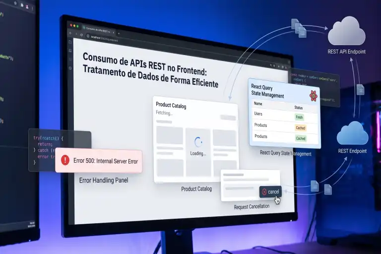 Um monitor de computador focado no desenvolvimento frontend para consumo de APIs REST. A tela exibe uma interface de aplicativo com um 'Catálogo de Produtos' carregando com um spinner. Ao redor da tela flutuam painéis explicativos: um painel de tratamento de erros com 'Error 500: Internal Server Error', uma janela de gerenciamento de estado React Query mostrando status de 'Users' e 'Products' (Fresh/Cached), e um controle de cancelamento de requisição. Setas mostram o fluxo de dados entre nuvens (REST API Endpoints) e a aplicação.