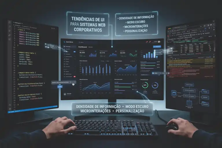 Visão de três monitores em um ambiente de desenvolvimento escuro. O monitor central curvo exibe um dashboard corporativo complexo e de alta densidade em modo escuro. O monitor da esquerda mostra um editor de código VS Code com CSS focando em variáveis de modo escuro. O monitor da direita mostra a visualização do aplicativo no navegador com ferramentas de desenvolvedor abertas para inspeção. Painéis flutuantes no topo e no centro destacam tendências: 'Tendências de UI para Sistemas Web Corporativos', 'Densidade de Informação', 'Modo Escuro', 'Microinterações' e 'Personalização'. Mãos estão sobre um teclado mecânico no primeiro plano.