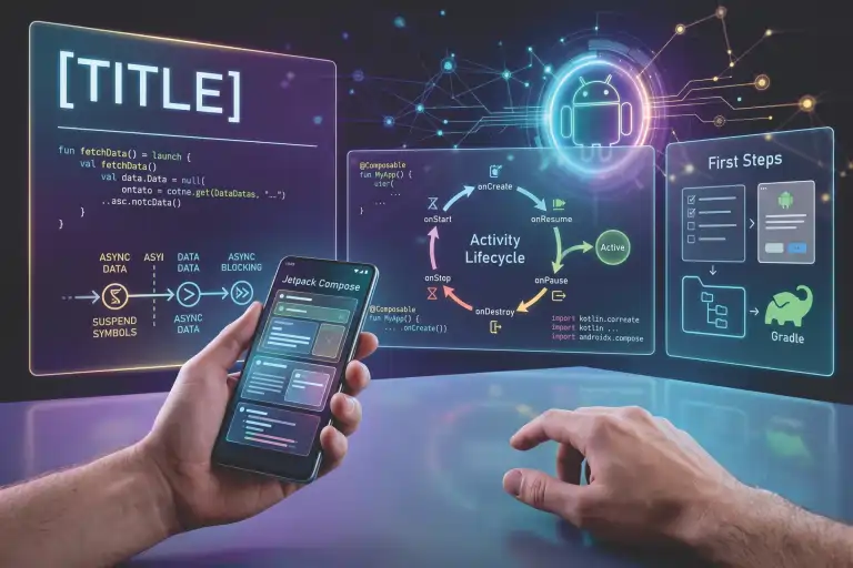 Ilustração digital futurista mostrando o desenvolvimento Android nativo. Em primeiro plano, mãos seguram um smartphone rodando uma interface construída com Jetpack Compose. Ao fundo, painéis holográficos luminosos exibem trechos de código Kotlin, um diagrama do ciclo de vida da Activity (Activity Lifecycle), fluxos de processamento assíncrono e o ícone do sistema de build Gradle.