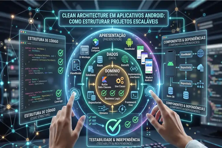 Diagrama holográfico circular detalhando a Clean Architecture (Arquitetura Limpa) em aplicativos Android. Mãos interagem com o painel central, que é dividido nas camadas de Domínio (Domain), Dados (Data) e Apresentação (Presentation), destacando tecnologias como Kotlin, Room, Retrofit e Jetpack Compose. Painéis laterais mostram a estrutura do código e o fluxo de dependências.