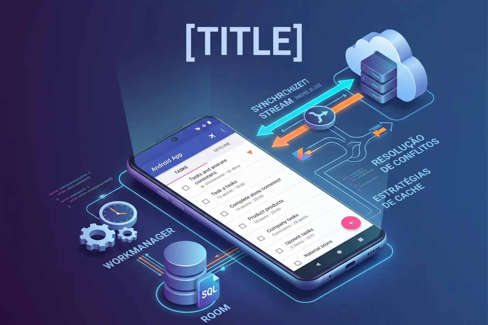 Ilustração isométrica 3D de um smartphone exibindo um aplicativo de lista de tarefas, ilustrando o fluxo de sincronização offline. Linhas de dados luminosas conectam o dispositivo a um servidor em nuvem (consumo de API) e a um banco de dados local SQLite/Room. Textos flutuantes destacam os processos de 'WorkManager', 'Stream de Sincronização', 'Estratégias de Cache' e 'Resolução de Conflitos'