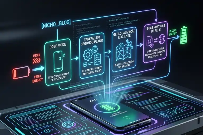 Um smartphone repousa sobre uma superfície digital cibernética com um fluxograma luminoso flutuando acima dele. O diagrama explica a otimização de energia mobile, iniciando em um alerta de alto consumo, passando por etapas como 'Doze Mode', 'Tarefas em Segundo Plano', 'Geolocalização Eficiente' e 'Boas Práticas de Rede', culminando em um ícone de bateria verde e totalmente otimizada.