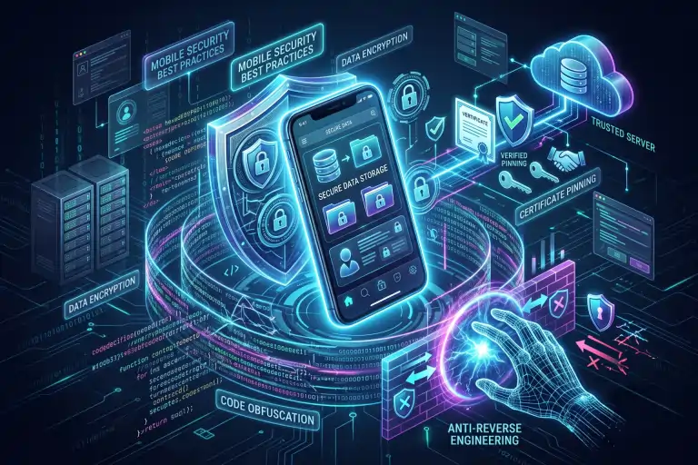 Ilustração digital futurista com tema de segurança cibernética mobile. No centro, um smartphone exibe a interface 'Secure Data Storage' com pastas protegidas por cadeados. Ao redor, painéis holográficos em neon azul e roxo destacam as melhores práticas de segurança: um grande escudo protetor, trechos de código ilustrando 'Data Encryption' e 'Code Obfuscation', além de chaves e certificados para 'Certificate Pinning' conectando a um servidor em nuvem ('Trusted Server'). Em primeiro plano, uma mão em wireframe bloqueia uma ameaça em um firewall de energia, representando defesas de 'Anti-Reverse Engineering