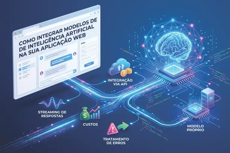 Diagrama conceitual de rede mostrando a integração de IA em aplicações web. À esquerda, uma interface de chat web se conecta através de feixes de luz de dados a duas opções: uma nuvem de 'Integração via API' e um cérebro digital brilhante sobre um microchip representando um 'Modelo Próprio'. Ícones flutuantes alertam para 'Custos', 'Streaming de Respostas' e 'Tratamento de Erros', acompanhados de pequenos trechos de código