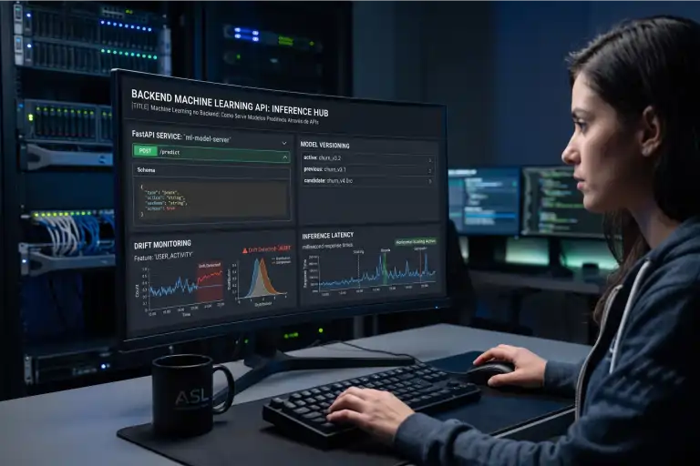 Fotografia de uma desenvolvedora trabalhando concentrada em uma sala de datacenters iluminada por LEDs azuis. O monitor exibe um dashboard escuro intitulado 'Backend Machine Learning API: Inference Hub', que detalha um serviço FastAPI, controle de versionamento de modelos preditivos, gráficos de detecção de desvio (Drift Monitoring) e métricas de latência de inferência. Uma caneca preta da ASL Software Engineering está sobre a mesa.