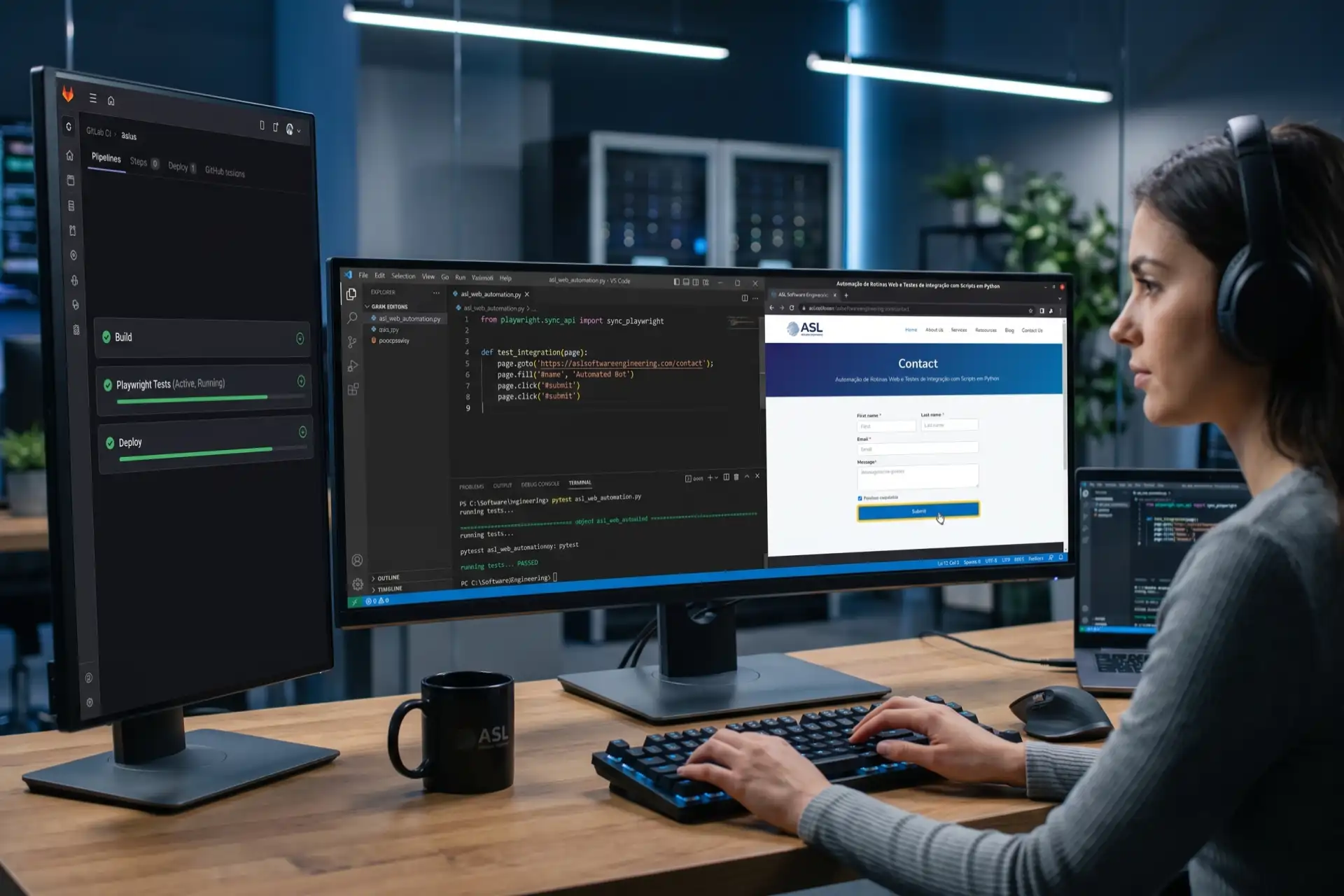 Desenvolvedora em estação de trabalho com múltiplos monitores exibindo pipelines de CI/CD, código Python com Playwright e execução de testes de integração em um navegador.