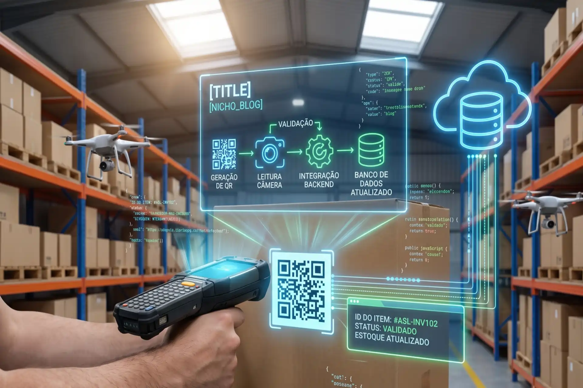 Operador utilizando um coletor de dados para escanear QR code em caixa de papelão dentro de um armazém logístico, acompanhado de um diagrama holográfico de fluxo de validação e atualização de estoque em nuvem.