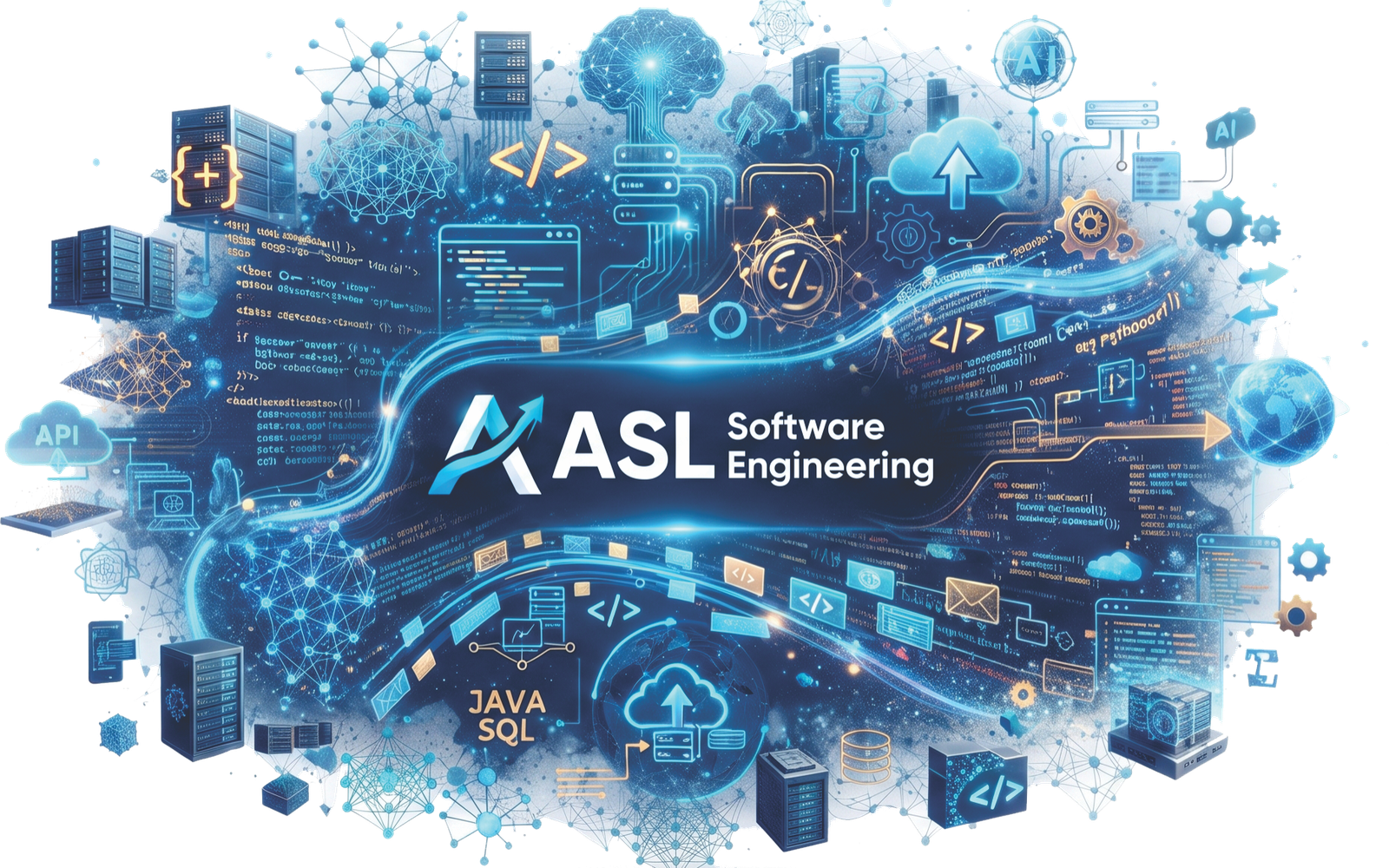 Ilustração digital complexa e vibrante sobre fundo branco, representando o ecossistema da 'ASL Software Engineering'. No centro, o logotipo da empresa (um 'A' estilizado com uma seta ascendente) e o texto 'ASL Software Engineering'. Ao redor, elementos interconectados em tons de azul neon e ciano formam uma rede de inovação, incluindo servidores, nuvens, ícones de código, redes neurais, ícones de API, chips de IA e linhas de código flutuantes