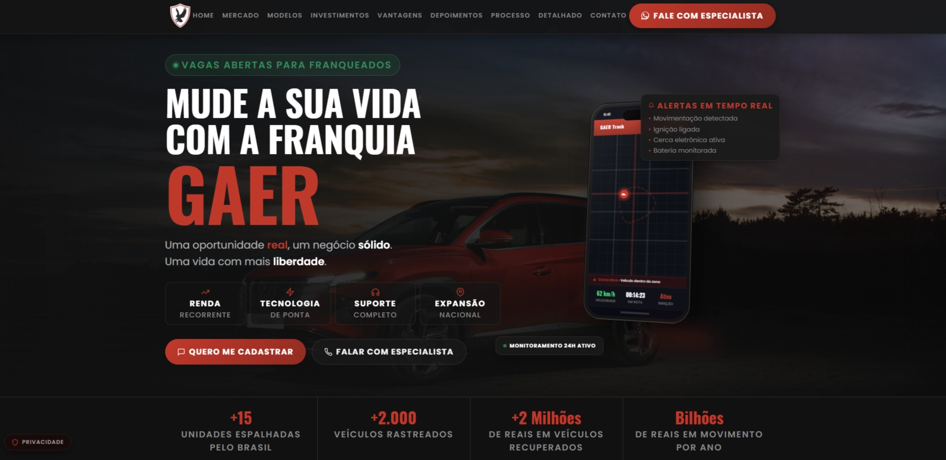 Interface responsiva do site e formulário de captação da Franquia Gaer Brasil