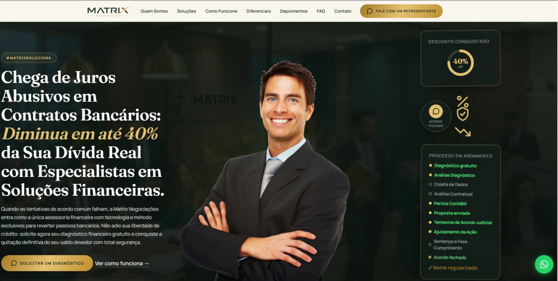 Interface moderna e responsiva do site corporativo da Matrix Negociações LTDA