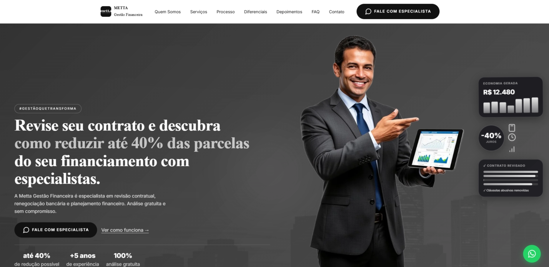 Interface responsiva do site desenvolvido para a Metta Gestão Financeira